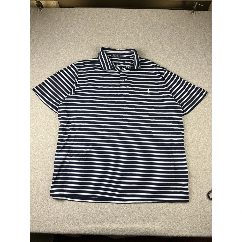 Polo Ralph Lauren Polo Shirt Mens 2XLT Navy Blue Striped Short Sleeve Pony Logo
